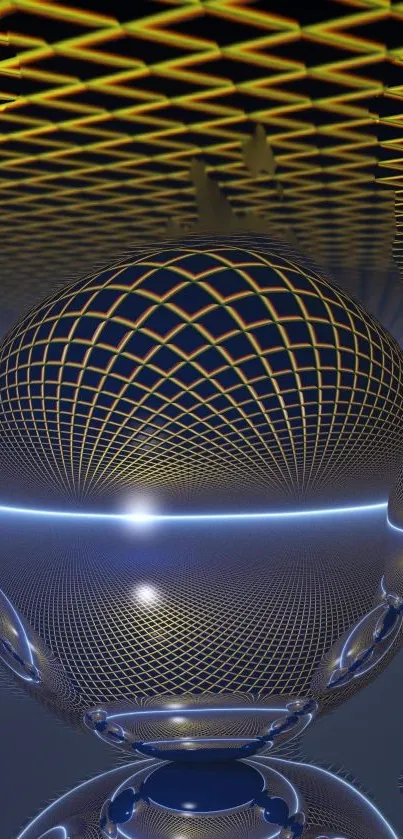 Futuristic geometric sphere with grid design and deep blue background.