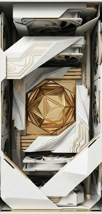 Futuristic geometric tech art with gold accents and metallic textures.