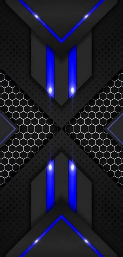 Futuristic dark geometric wallpaper with blue accents.