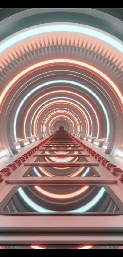 Futuristic geometric tunnel with neon lights in vibrant colors.