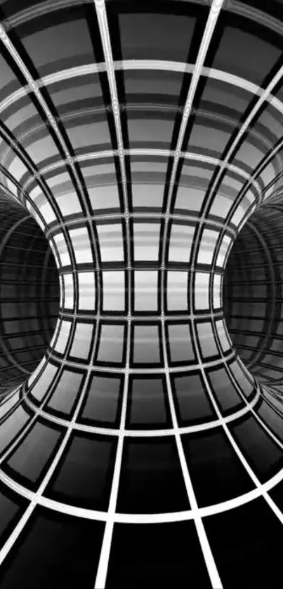 Black and white geometric tunnel with optical illusions.