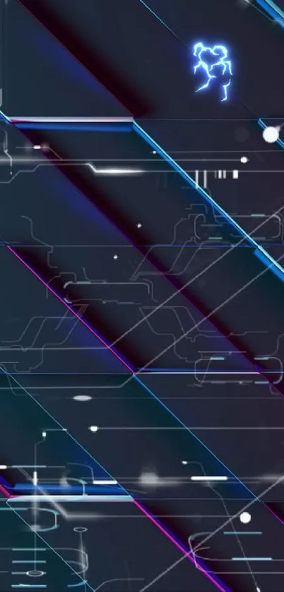 Futuristic geometric wallpaper with dark blue and purple tones.
