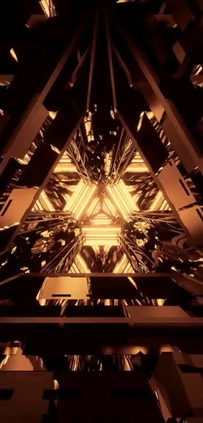 Futuristic bronze geometric pattern wallpaper with glowing triangles.