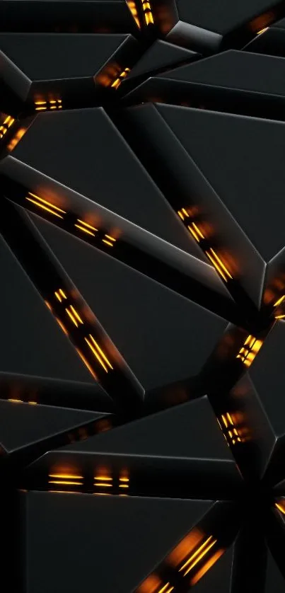 Futuristic geometric wallpaper with dark and orange glowing elements.