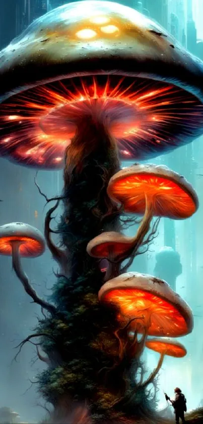 Futuristic scene with glowing giant mushrooms and a lone explorer.