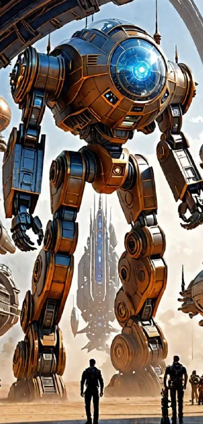 Futuristic giant robot in sci-fi setting mobile wallpaper.