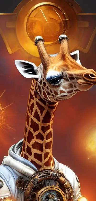 Futuristic giraffe in a space-themed mobile wallpaper with vibrant orange hues.