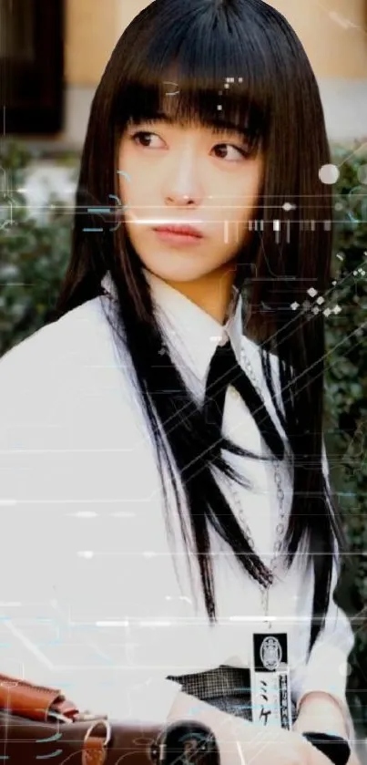 Futuristic girl in white shirt with digital effects on mobile wallpaper.