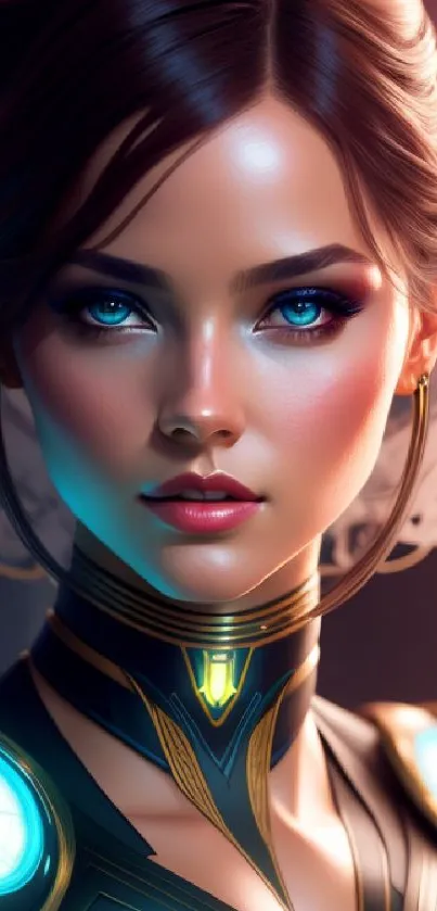 Futuristic AI art of a woman with blue eyes in a digital wallpaper.