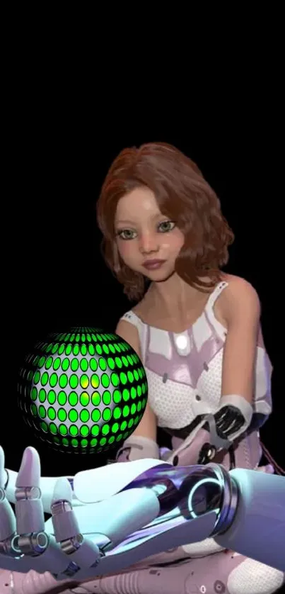 Futuristic girl holding glowing orb with robotic arm on black background.