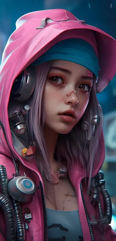 Futuristic girl with pink hood and headphones in vibrant digital art.