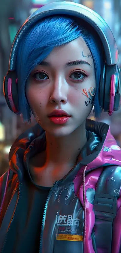 Futuristic girl with blue hair and headphones in a neon-lit cityscape.