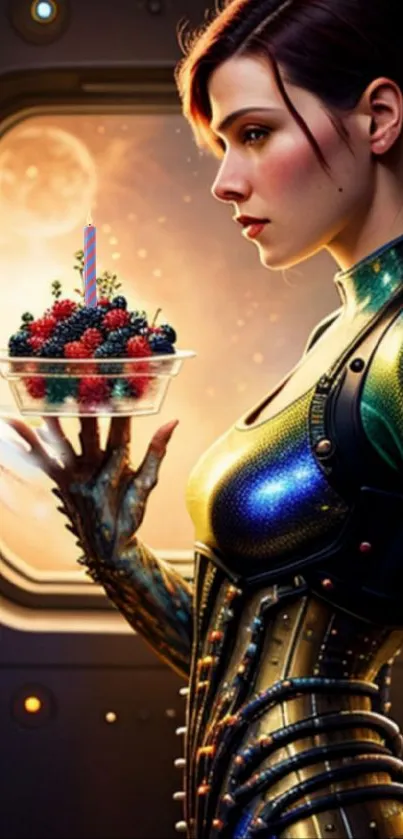 Futuristic woman holding a fruit bowl in space-themed setting.