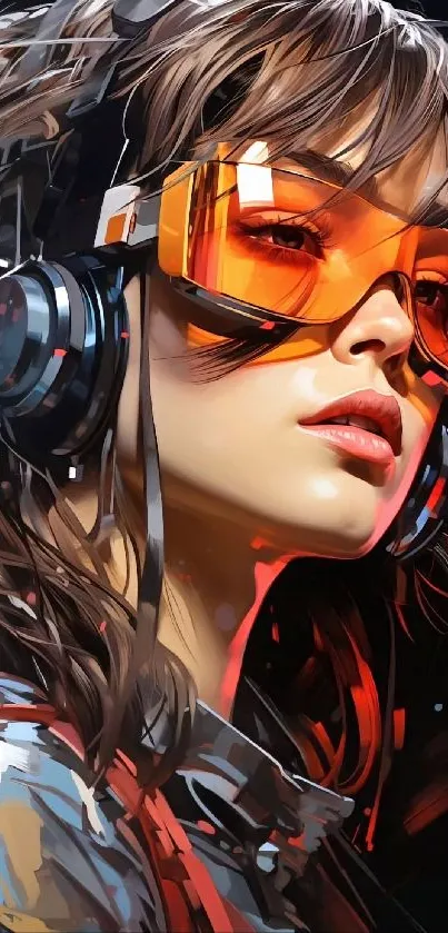 Futuristic girl wearing orange sunglasses and headphones in vibrant digital art style.
