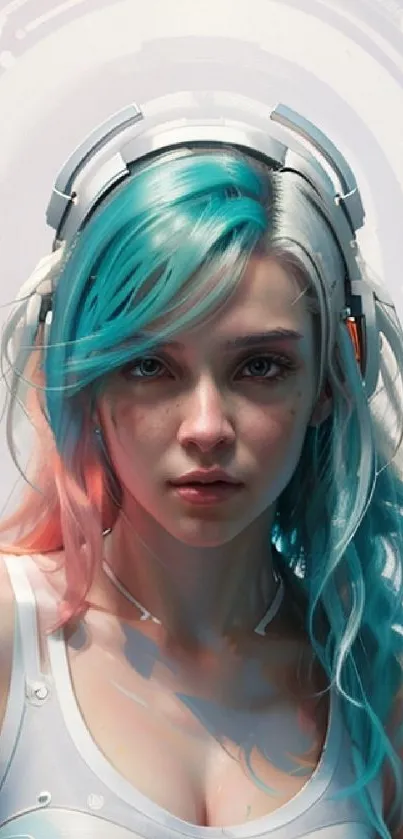 Futuristic girl with colorful hair and headphones in a digital sci-fi setting.