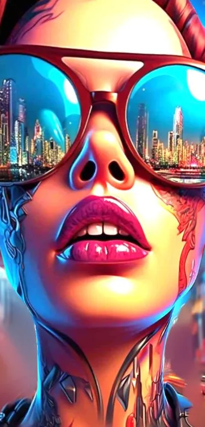 Futuristic city reflected in sunglasses with vibrant colors.