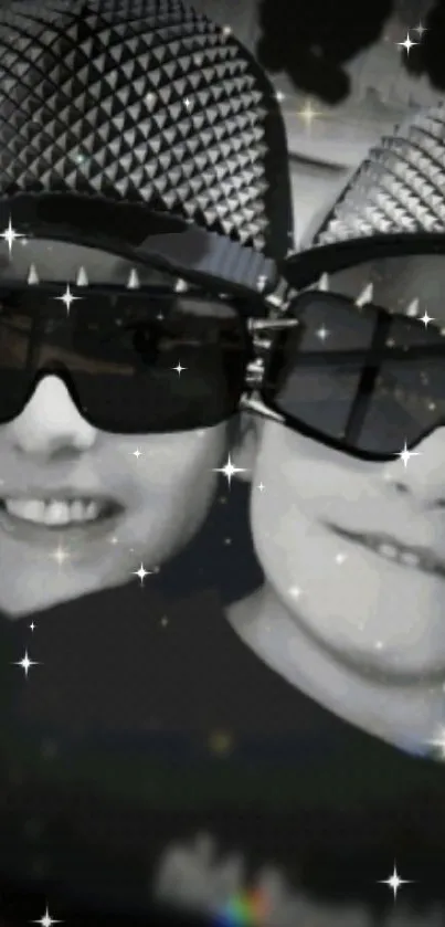 Futuristic duo with sunglasses and shimmering stars.