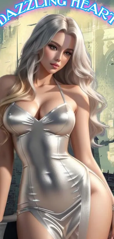 Futuristic woman in silver dress with city background.