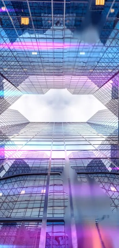 Futuristic glass building with neon lights, upward view.