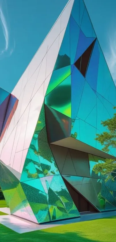 Futuristic glass building with vibrant colors and geometric design.