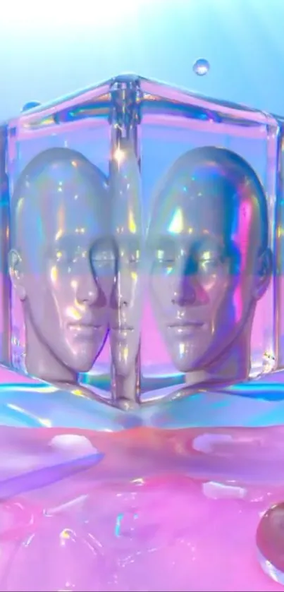 Futuristic wallpaper of glass heads with colorful reflections.