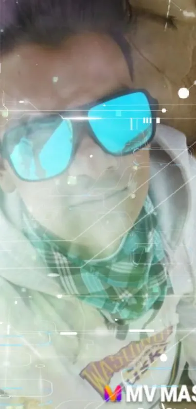 Person wearing reflective sunglasses with digital effects on a mobile wallpaper.