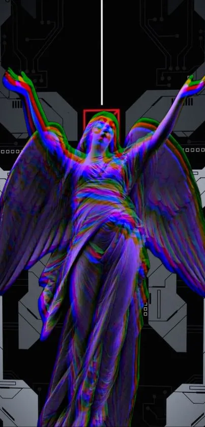 Futuristic wallpaper with a glitch art statue in vibrant neon colors.