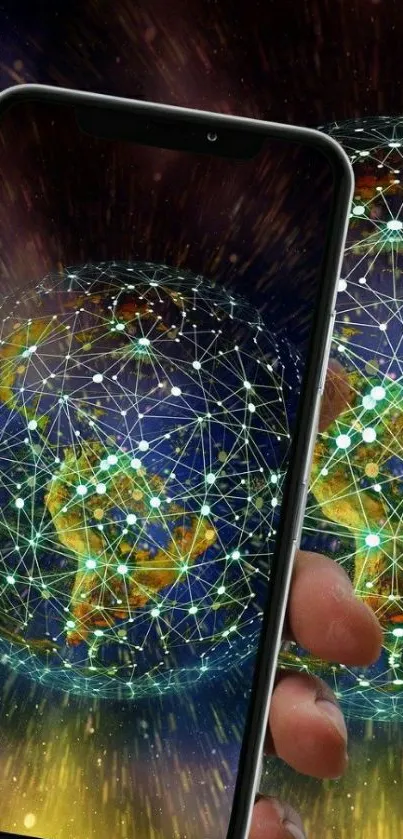 Futuristic phone and global network design wallpaper.