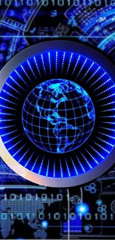Futuristic blue digital globe with binary patterns.
