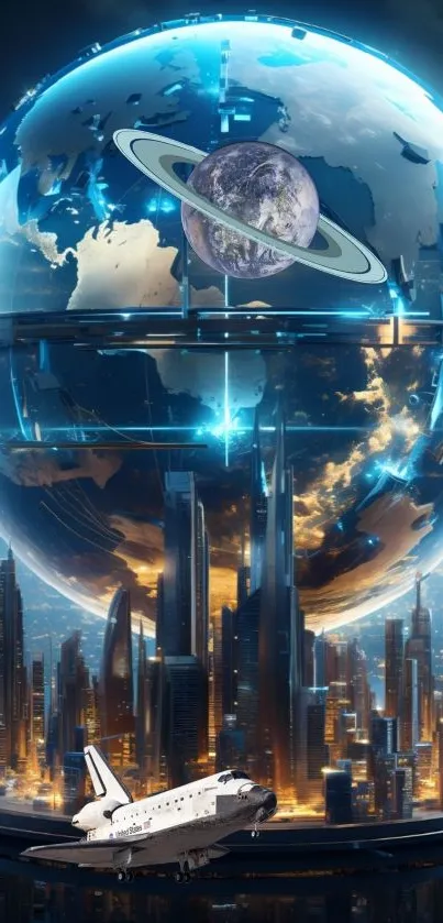 A futuristic cityscape encapsulated in a glowing globe with radiant lights.