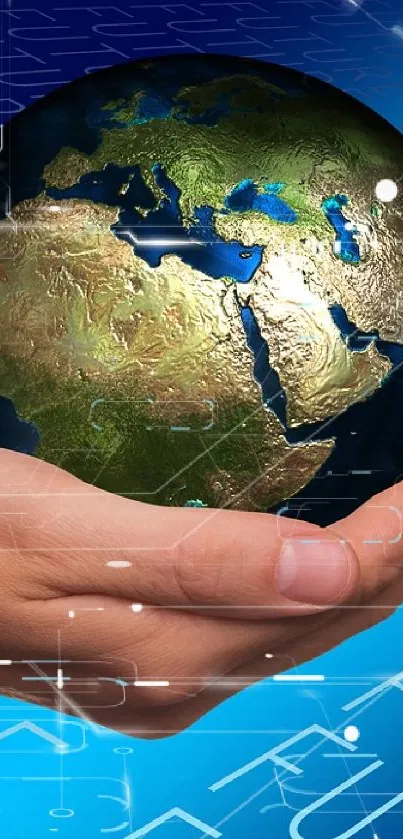 A hand holding a globe against a futuristic digital background with 'FUTURE' text.