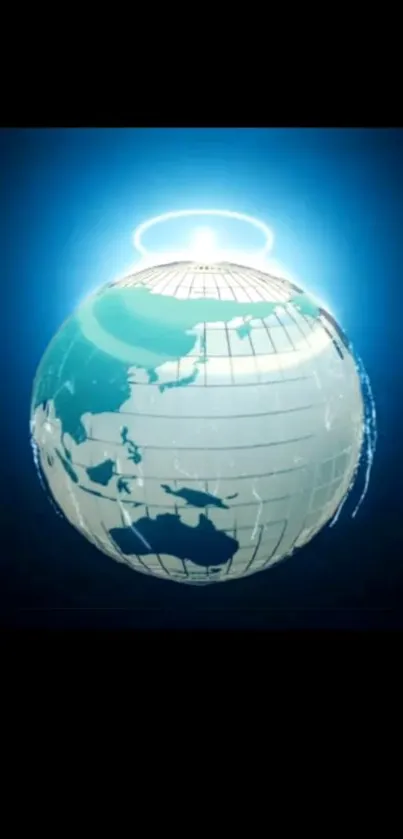 Glowing digital globe with halo effect on a blue background.