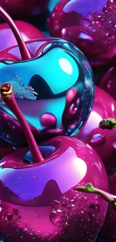 Vibrant neon cherries with glossy, futuristic design.