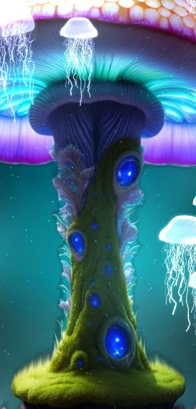 Futuristic mushroom with glowing jellyfish background in vibrant teal colors.