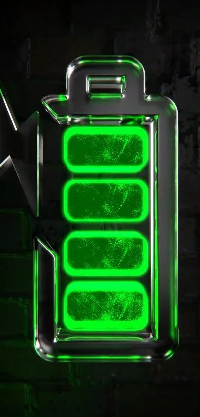 Futuristic neon green battery on dark background.