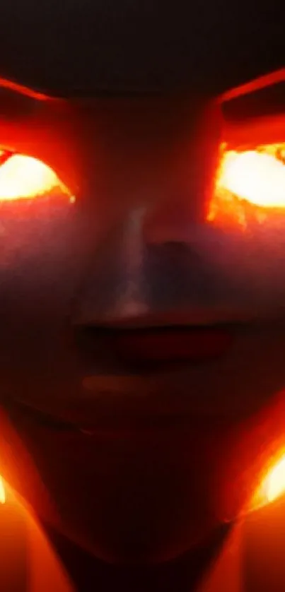 Futuristic humanoid face with glowing orange eyes in a dark setting.