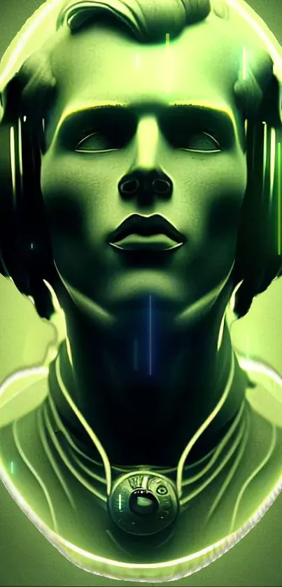 Futuristic green glowing bust with headphones.