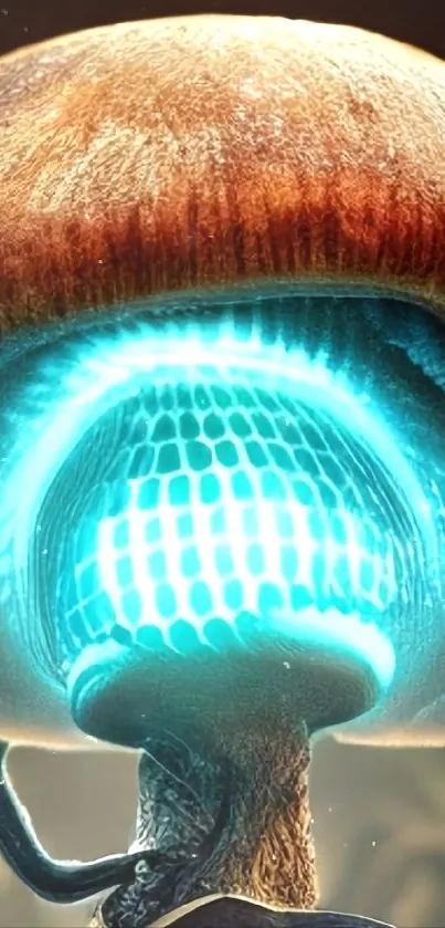 Futuristic glowing mushroom with vibrant teal core.