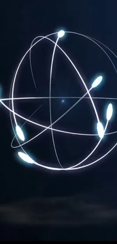 Futuristic glowing orb with light lines on dark blue background.