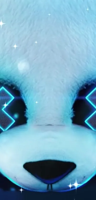 Futuristic panda with glowing blue eyes and starry surroundings.