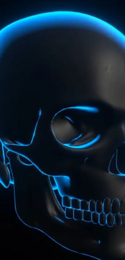 Futuristic black and blue glowing skull mobile wallpaper.