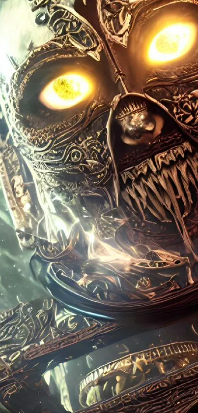 Futuristic glowing skull mobile wallpaper with intricate details and bright eyes.