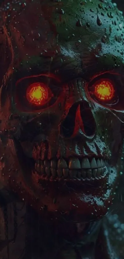 Futuristic skull with glowing eyes in rain effect wallpaper.