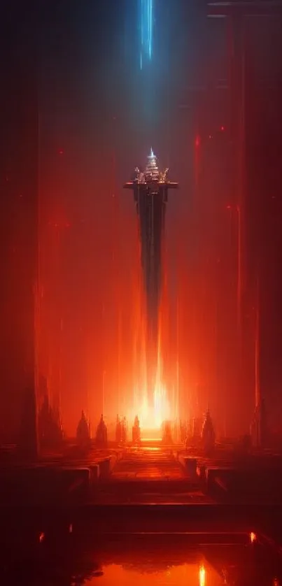 Futuristic glowing tower with vibrant red hues and blue light in digital artwork.