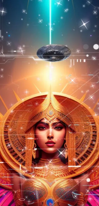 Futuristic goddess with cosmic elements in vibrant digital art.