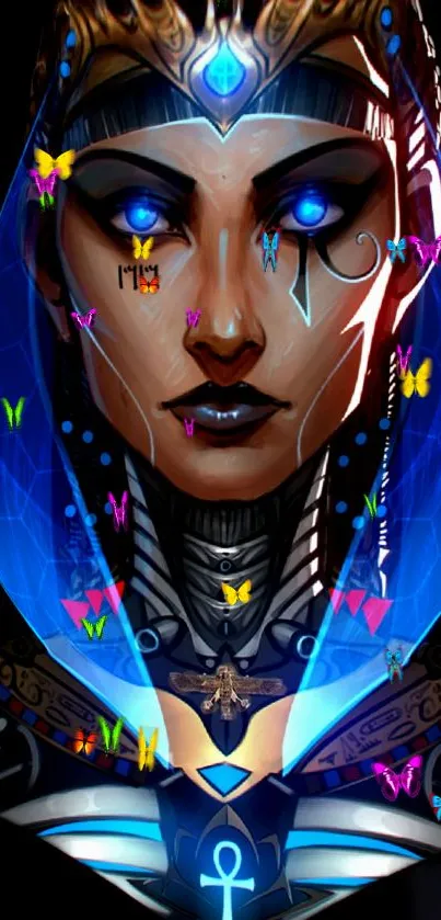 Futuristic goddess with glowing blue elements and colorful butterflies.