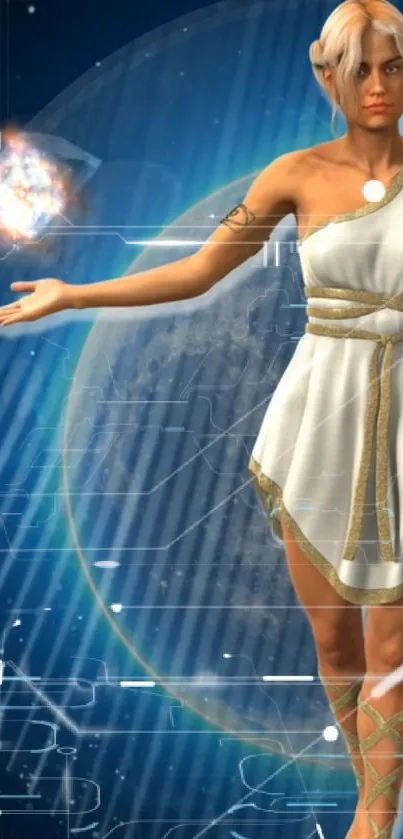 Futuristic goddess digital art with cosmic backdrop.