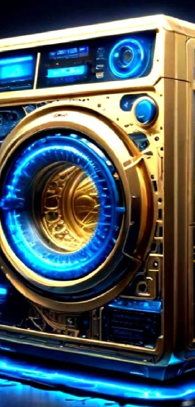 Futuristic blue and gold washing machine artwork.