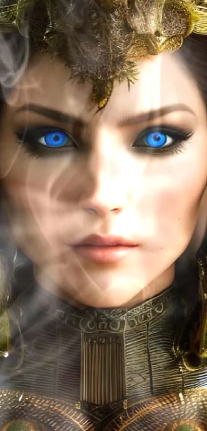 A futuristic figure in gold armor with striking blue eyes.