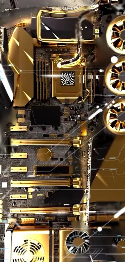 Futuristic gold motherboard mobile wallpaper with intricate circuits.